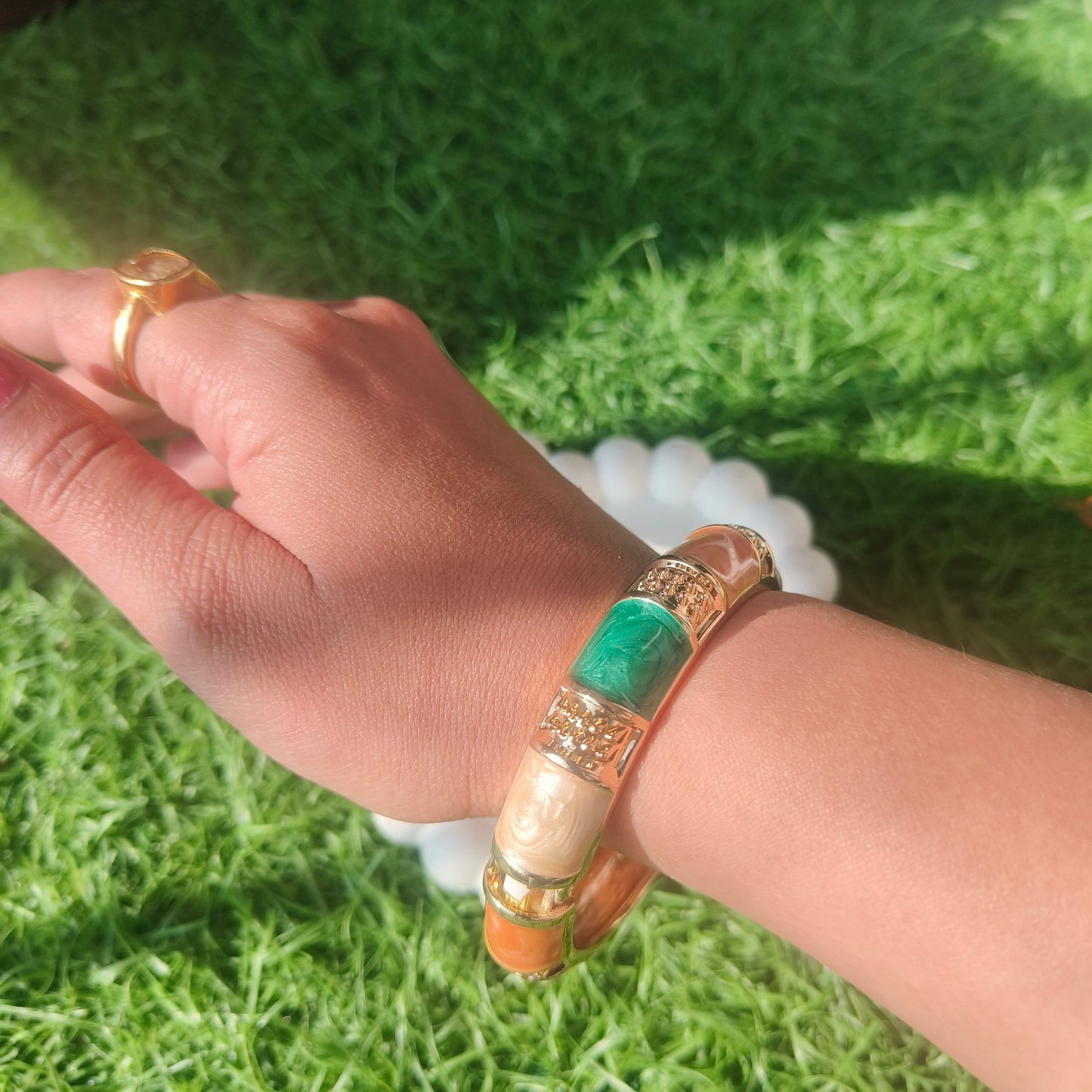 Green Orange Ivory Enamel Kada/Bangle