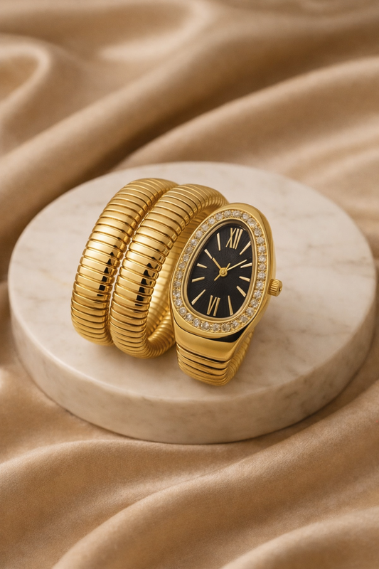 Aelanzza Serpent Watch – gold anti-tarnish coiled snake bangle watch for women India
